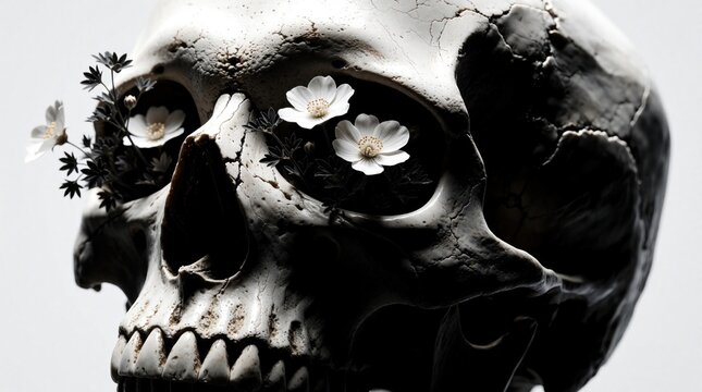 Human skull adorned with delicate white flowers, dark foliage sprouting from eye sockets. Artwork features stark black, white contrast, emphasizing bone texture, organic growth in surreal still life.