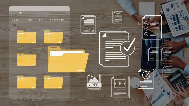 Digital workspace scene with folders, documents, and organizational tools representing productivity and collaboration in a modern office environment Sigmoid