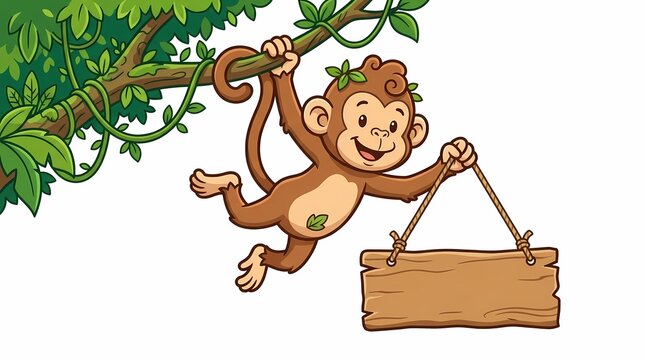 Happy Cartoon Monkey Hanging from a Tree Branch Holding a Wooden Sign.