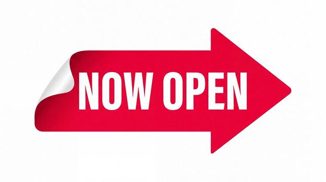 Bright red arrow sign displaying white bold now open text isolated on white background