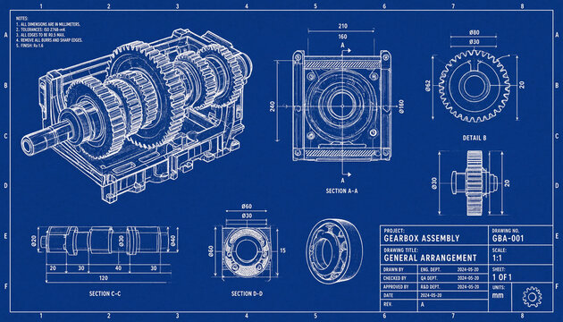 Detailed engineering blueprint showing a complex industrial gearbox assembly for mechanical design projects.