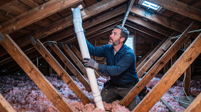 Contractor installing a PVC radon mitigation pipe in a residential attic.