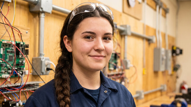 Young Female Electrician Smiling In Industrial Workshop