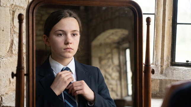 Teenage Girl Adjusting Necktie In Mirror Wearing School Uniform