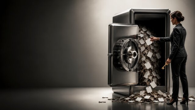 Open safe spilling keys and papers in dark studio commercial surreal silliness