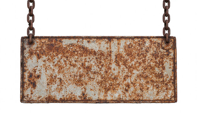 An empty rusty metal sign hanging from iron chains against white background.
