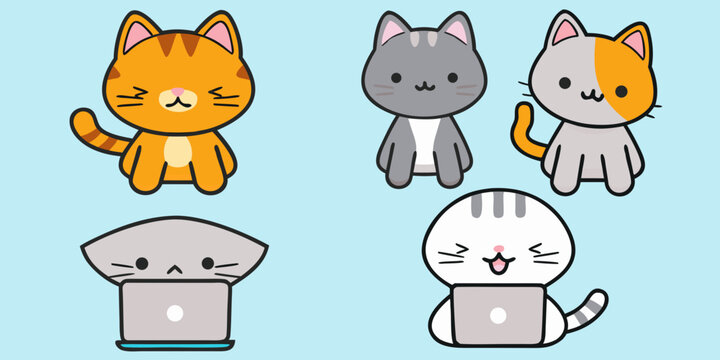 Cartoon cats with laptops and playful expressions vector illustration