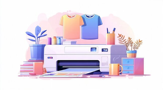 Flat illustration of t-shirt printing machine with colorful shirts