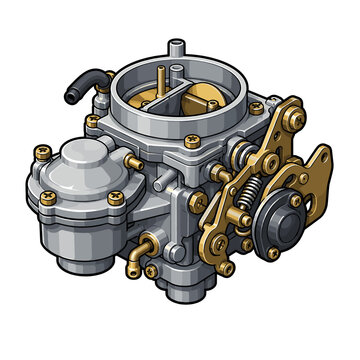 Clean flat vector illustration of an automotive carburetor with a detailed mechanical structure, designed in a modern, minimal style.