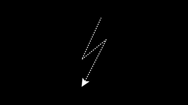 Zig-zag dashed line animation with a downward-pointing arrow, lightning/electricity concept, black background, 4K video.