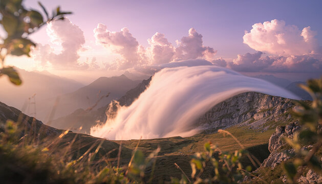 title": "Serene Mountain Landscape at Sunset: Majestic Peaks, Rolling Hills, and Lush Greenery Under a Vibrant Sky", "description": "This breathtaking image captures the serene beauty of a mountain l