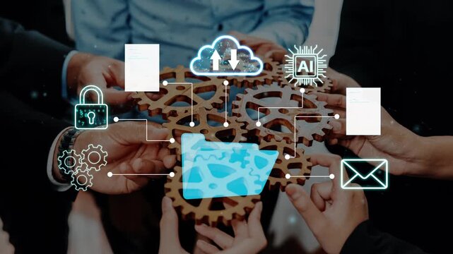 Collaboration in Digital Transformation: Teams Working with Technology Integration and Innovation through Gears and Icons Representing Cloud and AI. Entropy.