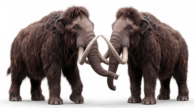 Photorealistic Mammuthus primigenius isolated on white background, showing detailed woolly fur, tusks, trunk, anatomy, and scientifically accurate paleontological reconstruction.