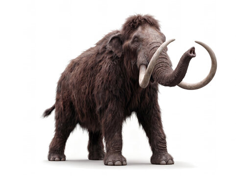 Photorealistic Mammuthus primigenius in defensive posture, isolated on white background, showing alert behavior, detailed fur, tusks, anatomy, and scientifically accurate paleontological reconstructio