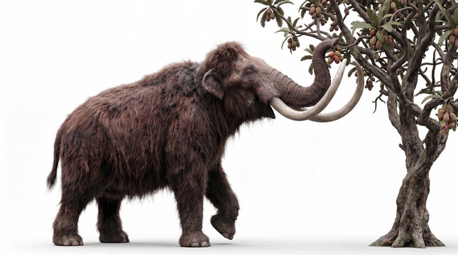 Photorealistic Mammuthus primigenius eating from a fruiting tree, isolated on white background, showing natural feeding behavior, detailed fur, anatomy, and scientifically accurate paleontological rec