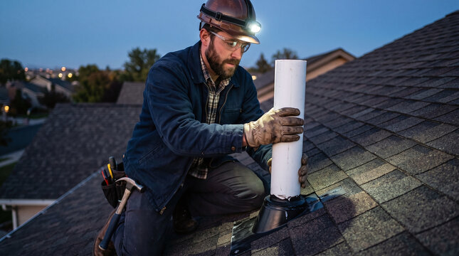 Contractor installing a PVC radon vent pipe on a residential shingle roof.