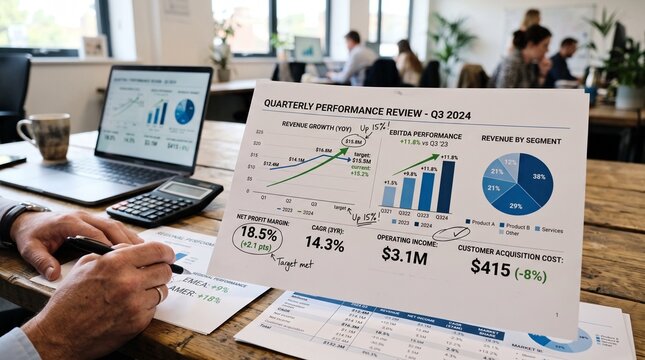 Close-up of a professional reviewing a quarterly performance report with charts and financial data in a modern office setting.