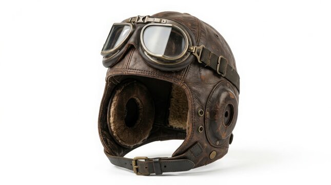 Old fashioned brown leather aviator helmet with tinted goggles isolated on white background historical aviation equipment steampunk headwear adventure transport accessory headgear