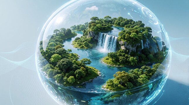 Floating glass sphere contains rich tropical island with waterfall, river. Digital holographic interface surrounds nature ecosystem inside bubble. Futuristic concept of planet protection, climate