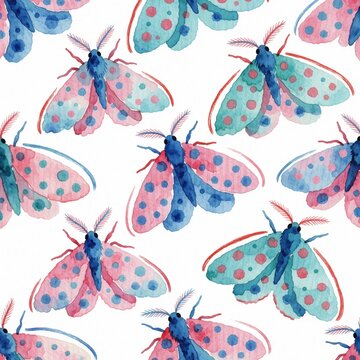 Seamless pattern with blue, pink watercolor moths on white background. Cute insect illustrations repeat for wallpaper, textile design. Bright artistic creatures with spots decorate fabric surface.