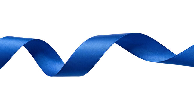 Blue satin ribbon with elegant waves, shiny silk fabric strip isolated on white, decorative cobalt blue ribbon for gift wrapping and luxury branding