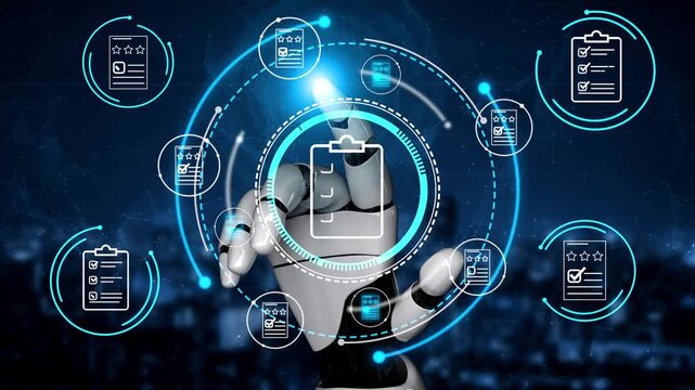 Futuristic Robot Hand Using Digital Technology to Manage and Analyze Data with Checklists and Feedback Icons in a Modern City Setting. Entropy.