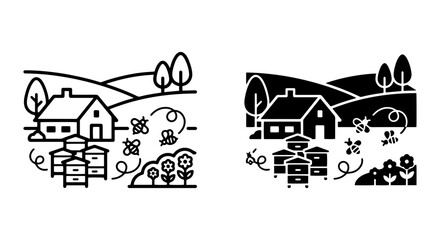 Obraz premium Rural Landscape Icons: Beehives, Houses, Trees, Flowers, and Bees in Outline and Solid Styles