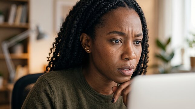 A concentrated Black woman with braided hair frowns in frustration while staring intently at her laptop screen, suggesting a difficult work or study situation.