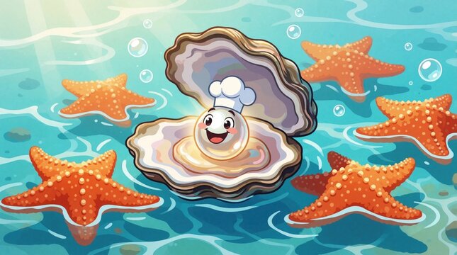 Funny cartoon pearl wearing chef hat inside open oyster shell under water. Happy shiny ball character surrounded by orange starfish in blue ocean background. Cute marine animal creature smiles with
