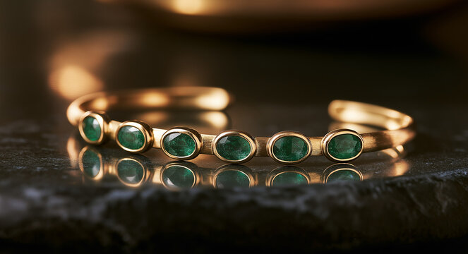 Elegant gold ring with green gemstones on dark background