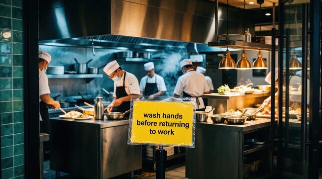 Restaurant kitchen staff cook food behind stainless steel counters. Yellow sign reminds workers to wash hands before returning to tasks. Chefs wear uniforms, hats preparing meals in busy pro eatery.