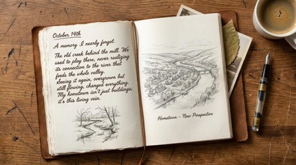 Naklejka premium Open travel journal with landscape sketch and notes.