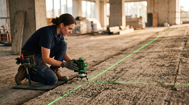 Female construction worker adjusting green laser level on concrete floor slab.