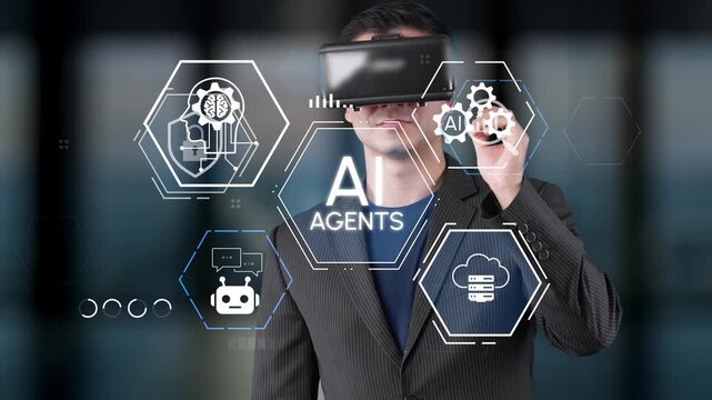 Business professional wearing virtual reality headset while interacting with futuristic AI technology visuals and icons representing digital innovation and analytics. Entropy.