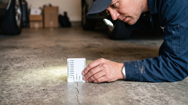 Professional inspector measuring a hairline crack in a concrete garage floor