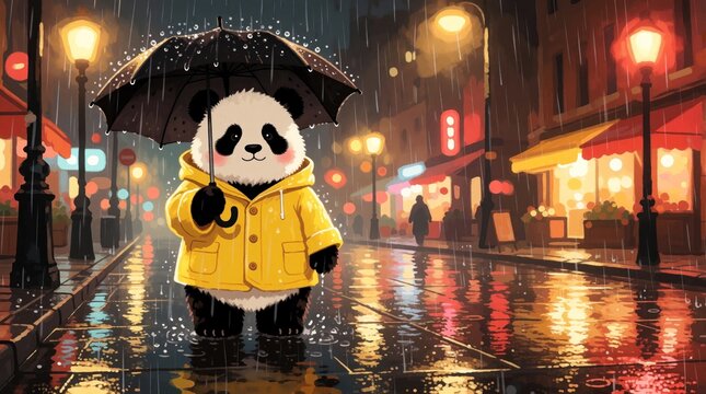 Cute panda stands under black umbrella wearing yellow jacket on wet city street at night. Reflections glow on pavement from streetlights and building lights. Raindrops fall creating atmospheric mood.