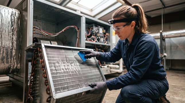 Female HVAC technician using a fin comb to repair evaporator coil fins.