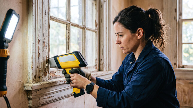 Female inspector testing old window trim for lead paint using XRF analyzer