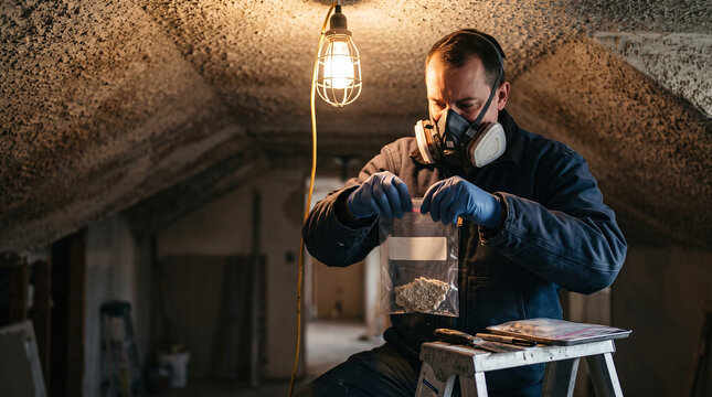 Environmental inspector in respirator bags popcorn ceiling sample for asbestos.