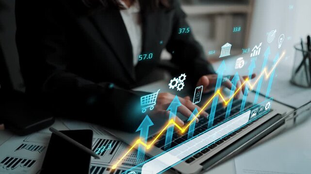Professional Business Person Analyzing Digital Marketing Trends and Data Analytics with Graphical Representations and Growth Indicators in Modern Office Setting. Entropy.