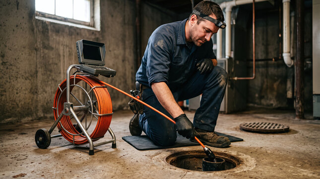 Plumber inspecting a basement drain with a professional sewer line camera.