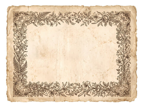 Vintage botanical floral border on antique aged parchment paper with decorative hand drawn engraved elements and weathered texture for invitations