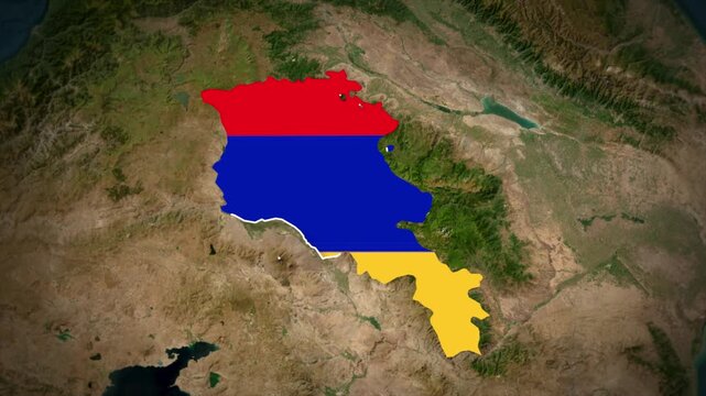 Armenia Flag Map Animation, Zoom From Space to Armenia, Asia Country Location Map, South Caucasus Nation on Realistic Terrain Background
