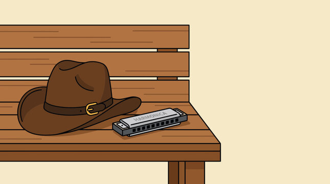 Harmonica and Cowboy Hat on a Wooden Bench Flat Vector Illustration of Country Music Instruments