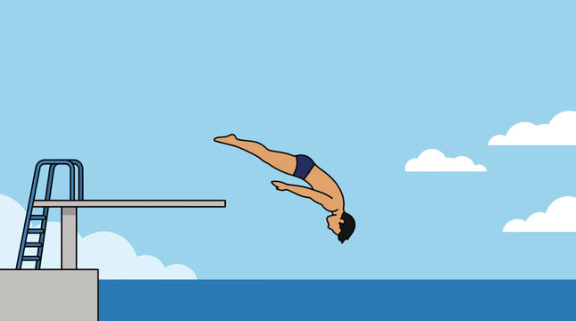 Man Diving from Board into Water Blue Sky and Clouds