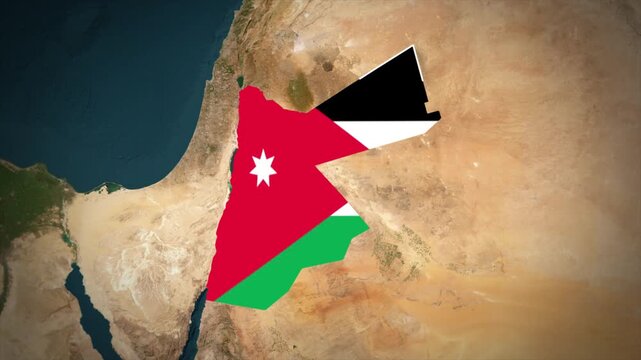 Jordan Flag Map Animation, Zoom From Space to Jordan, Middle East Country Location Map, Hashemite Kingdom of Jordan on Realistic Terrain Background