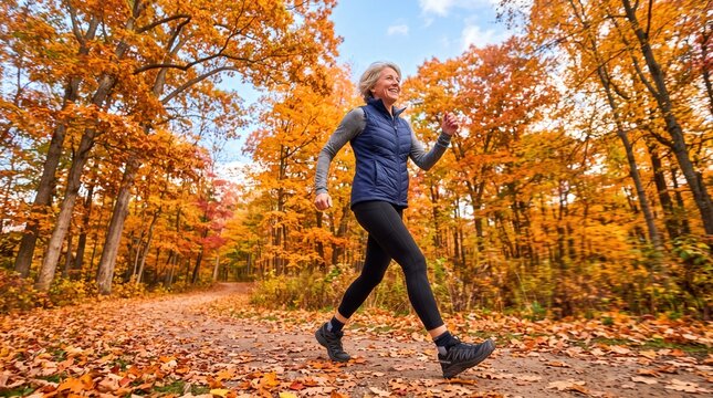 Active senior woman power walking through vibrant autumn forest path for senior wellness and healthy lifestyle marketing