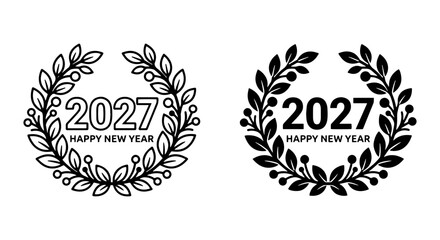 Obraz premium 2027 Happy New Year Laurel Wreath Vector Icons, Celebration Emblem Set, Festive Greeting Design Elements