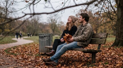 Fototapeta premium Young couple laughing together on wooden park bench during autumn season surrounded by fallen leaves for mental health and relationship storytelling