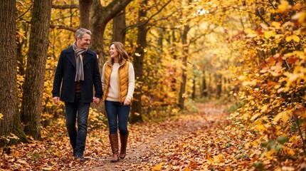 Fototapeta premium Happy mature couple walking hand-in-hand through vibrant autumn forest with golden leaves for retirement lifestyle marketing
